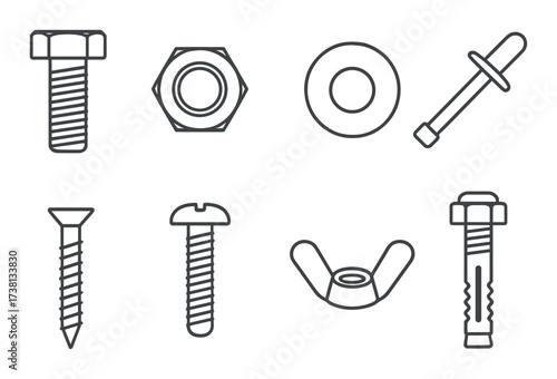Set of various metallic hardware components on a gradient background