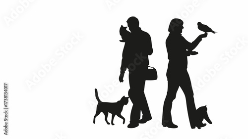 Silhouettes of people with pets, cat and bird companionship, simple modern art, family with animals, love and care, perfect for pet-related business