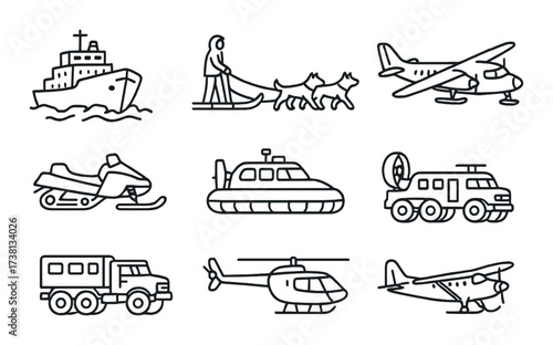 Various transport icons: boat, sled, plane, snowmobile, hovercraft, truck, helicopter