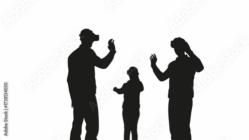 Excited family exploring immersive virtual reality together with headsets on, experiencing cutting-edge technology for futuristic entertainment and gaming fun