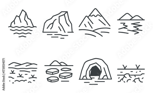 Minimalist black icons of natural landscapes and geographical features