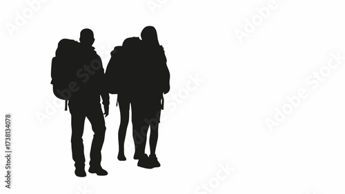 Adventurous group of friends trekking with backpacks, ideal for travel blogs, outdoor gear ads, and adventure themed content, originally a vector graphic