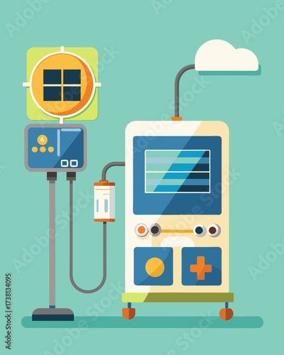 A solarpowered home dialysis machine allowing patients to receive necessary treatments without needing access to a power outlet.. Vector illustration