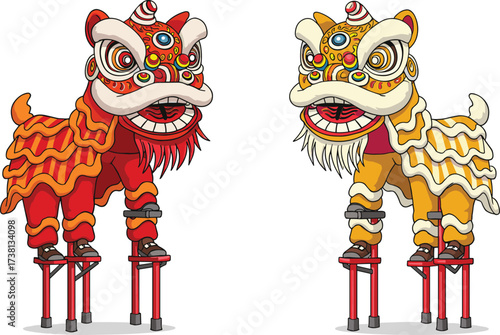 Colorful traditional Chinese lion dance performance with red and yellow costumes on stilts, cultural heritage festival parade illustration, New Year celebration art