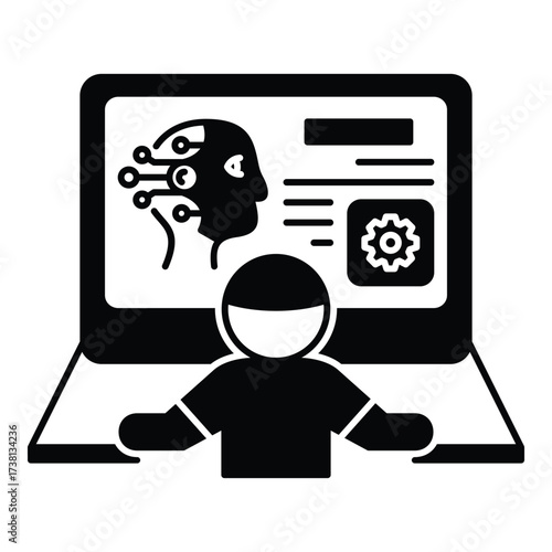 Machine Learning Specialist Analyzing AI Algorithms on a Computer Glyph Vector. Ideal image for depicting AI programming, algorithm development, and the digital future of software engineering.