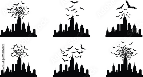 Dark city skyline silhouette with flying bats above skyscrapers, eerie urban night scene for Halloween, horror, gothic, spooky atmosphere
