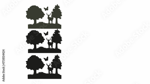 Elegant silhouette of deer in forest with trees and butterflies, perfect for nature themed designs or rustic style projects, vector art for scalable graphics