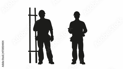 Construction crew planning next steps on the job, professional contractors and builders, industrial workers in silhouette, skilled tradespeople ready to work