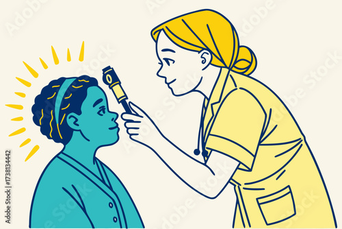 A doctor examining a patient's eye with an ophthalmoscope during a medical checkup in a clinic setting