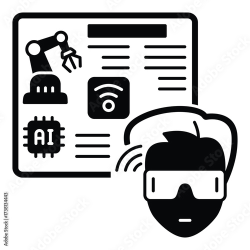 Augmented Reality Training for AI and Robotics Maintenance in Industrial Glyph Vector. This signifies the use of AR or VR for remote maintenance, training, and real-time monitoring of smart factory.