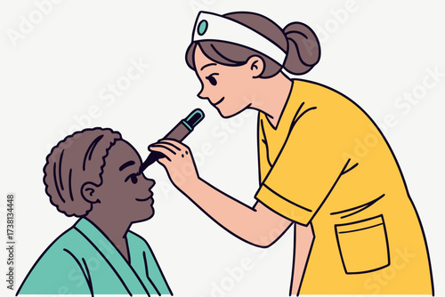 Nurse examining patient's eye with ophthalmoscope in a medical setting for healthcare and vision testing