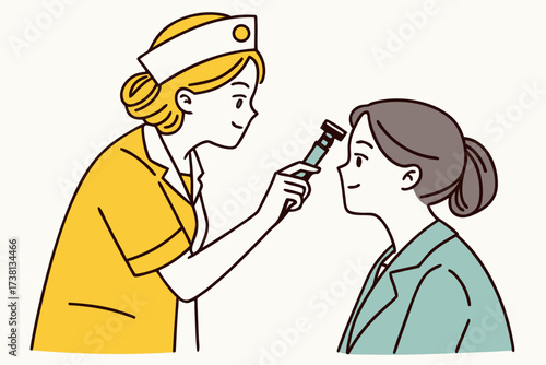 Nurse examining patient with ophthalmoscope during medical checkup for healthcare and wellness visit