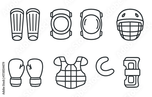 Outline of various protective sports gear on dark background