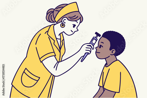 Illustration of a nurse in yellow uniform examining a young boy's eye with an ophthalmoscope device