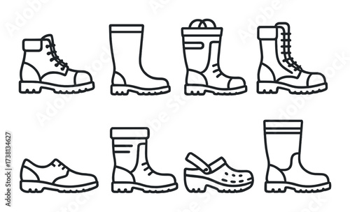 Collection of footwear icons: boots, shoes, clogs illustrated in line art
