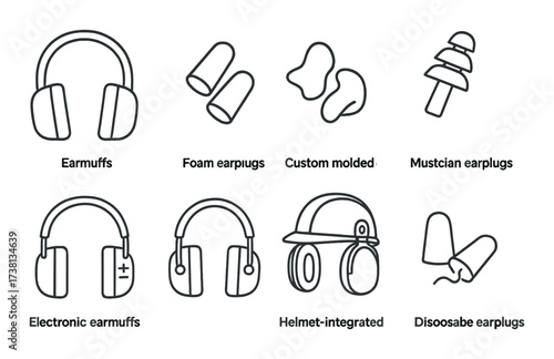 Various types of hearing protection devices: earmuffs, earplugs, and custom options