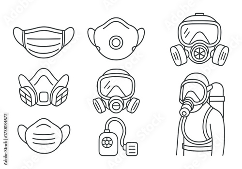 Variety of protective masks and respirators: medical, industrial, and full-face equipment