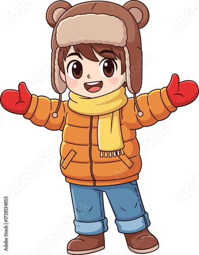 Cute cartoon boy in winter clothes wearing hat scarf gloves jacket and boots, happy child illustration, festive holiday kids character design
