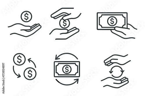 Finance and trade icon set featuring money exchange in hand and currency symbols