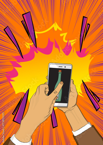 Cartoon Smartphone, comic book Telephone with glass bottle. Retro vector comics pop art design.