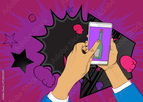 Cartoon Smartphone, comic book Telephone with glass bottle. Retro vector comics pop art design.