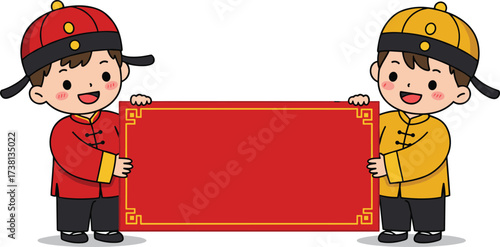 Cute cartoon Chinese boys in red and yellow traditional costume holding blank red banner for New Year greeting, festival celebration illustration