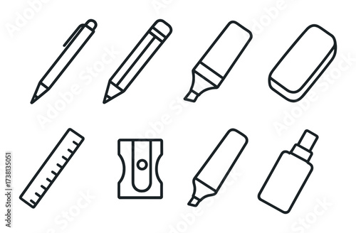 Outline of office supplies: pens, pencils, highlighters, eraser on dark background