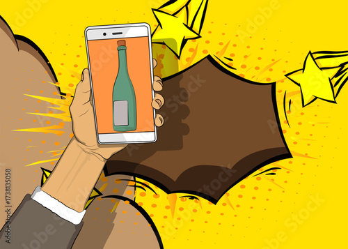 Cartoon Smartphone, comic book Telephone with glass bottle. Retro vector comics pop art design.
