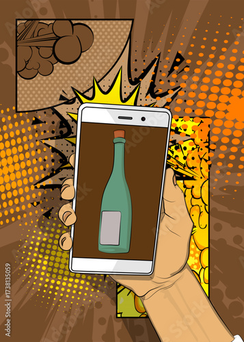 Cartoon Smartphone, comic book Telephone with glass bottle. Retro vector comics pop art design.