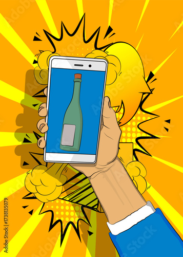 Cartoon Smartphone, comic book Telephone with glass bottle. Retro vector comics pop art design.