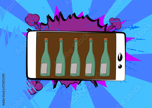 Cartoon Smartphone, comic book Telephone with glass bottle. Retro vector comics pop art design.