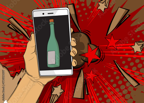 Cartoon Smartphone, comic book Telephone with glass bottle. Retro vector comics pop art design.