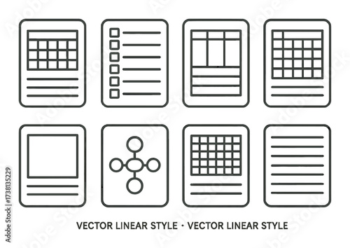 Set of eight linear style icon designs for lists and organizational schemes