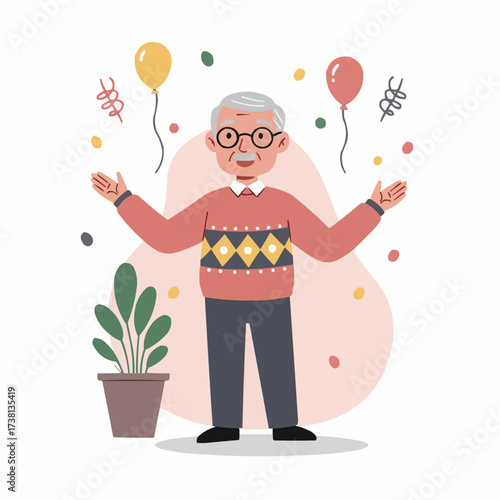 Elderly man celebrating with balloons and confetti at home  