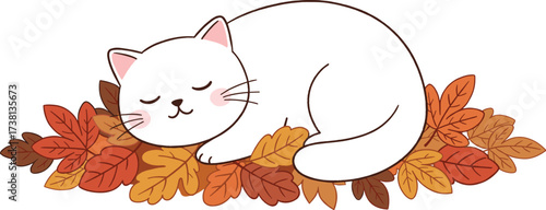 Cute white cat sleeping peacefully on autumn leaves, cozy seasonal illustration for fall background, adorable cartoon animal artwork, relaxing design