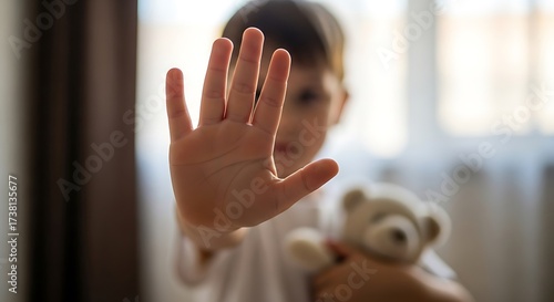 Young child holds teddy bear and raises hand in stop gesture conveying a message of protection and safety against harm