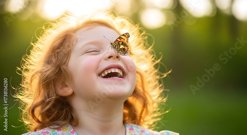 Joyful Little Girl Laughing With Butterfly On Her Nose During Golden Hour Sunlight Outdoor Nature Scene