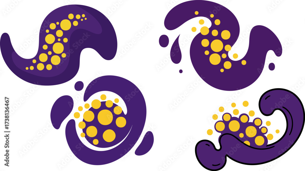 Naklejka premium Abstract purple shapes with yellow dots create a modern artistic composition