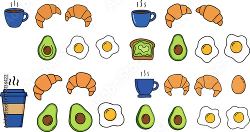 Breakfast food icons featuring coffee croissants eggs and avocado on black background