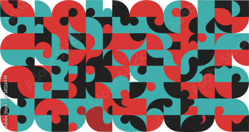Abstract geometric pattern with teal red and black shapes creating a modern design