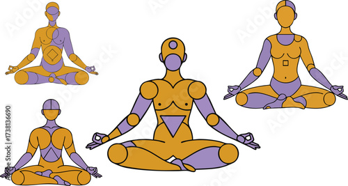 Abstract figures in lotus position meditating with geometric shapes on black background