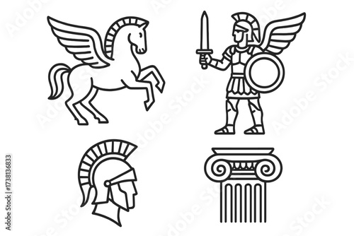 Ancient Greek mythology icon collection. Linear style vector symbols including Pegasus, winged warrior, gladiator helmet, and ionic column. Greece and Rome history illustrations.