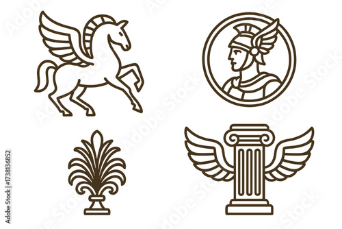 Ancient Greek mythology icon set in a clean linear style. Includes Pegasus, winged god Hermes, a classical column with wings, and a floral ornament. Vector symbols of Greece.