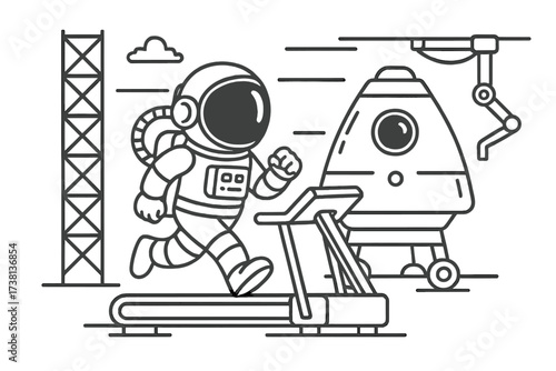 Astronaut training in a space facility, running on a treadmill. Cosmonaut character doing fitness exercises for a mission. Vector line art cartoon with spacecraft and robotic arm.
