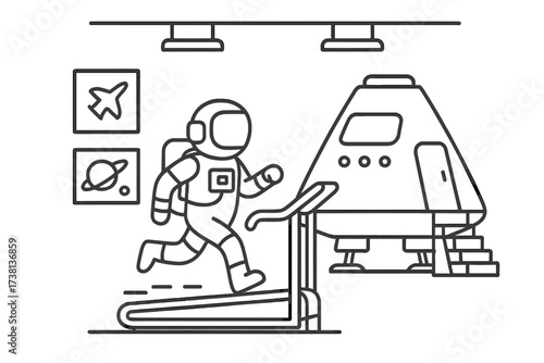Astronaut training for space mission. Spaceman running on treadmill in gym. Cosmonaut physical preparation. Spaceship capsule. Linear vector cartoon for science exploration.