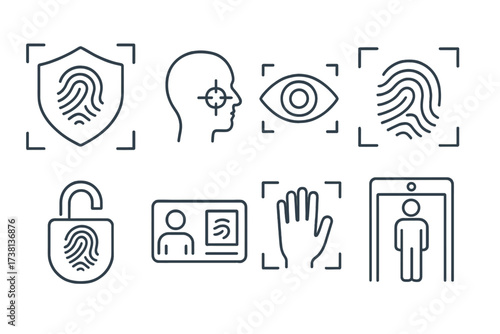 Biometrics thin line icon set. Security, authentication, and identity verification concepts. Facial recognition, fingerprint, iris scan, body and palm scanner vector illustrations.