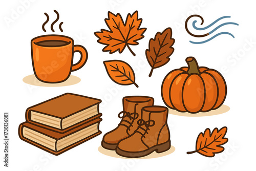 Vector collection of cozy fall essentials. Cartoon icon set including hot coffee cup, autumn leaves, books, pumpkin, boots and wind. Isolated hygge lifestyle elements.