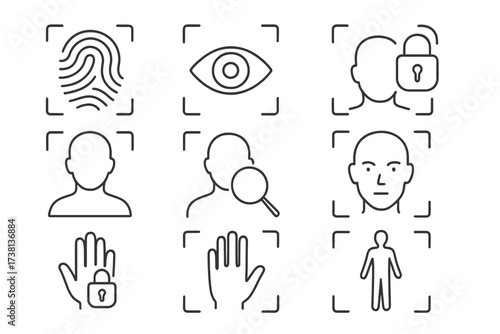 Biometrics editable thin line icon set. Security, authentication, detection, body analysis. Vector icons for face ID, fingerprint scan, iris recognition, and access control.