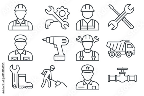 Blue collar jobs icon set. Thin line icons for skilled trades, manual labor, and essential workers. Includes builder, mechanic, plumber, and driver symbols for industry. Vector