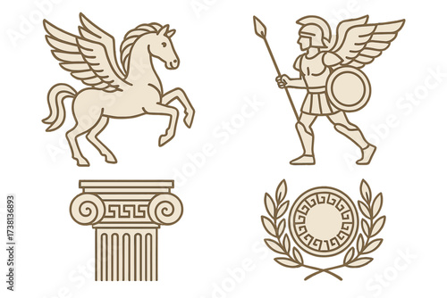 Ancient Greek mythology icon set with Pegasus and a winged warrior. Vector line art symbols of a hoplite soldier, ionic column, and laurel wreath. Roman legend and history.